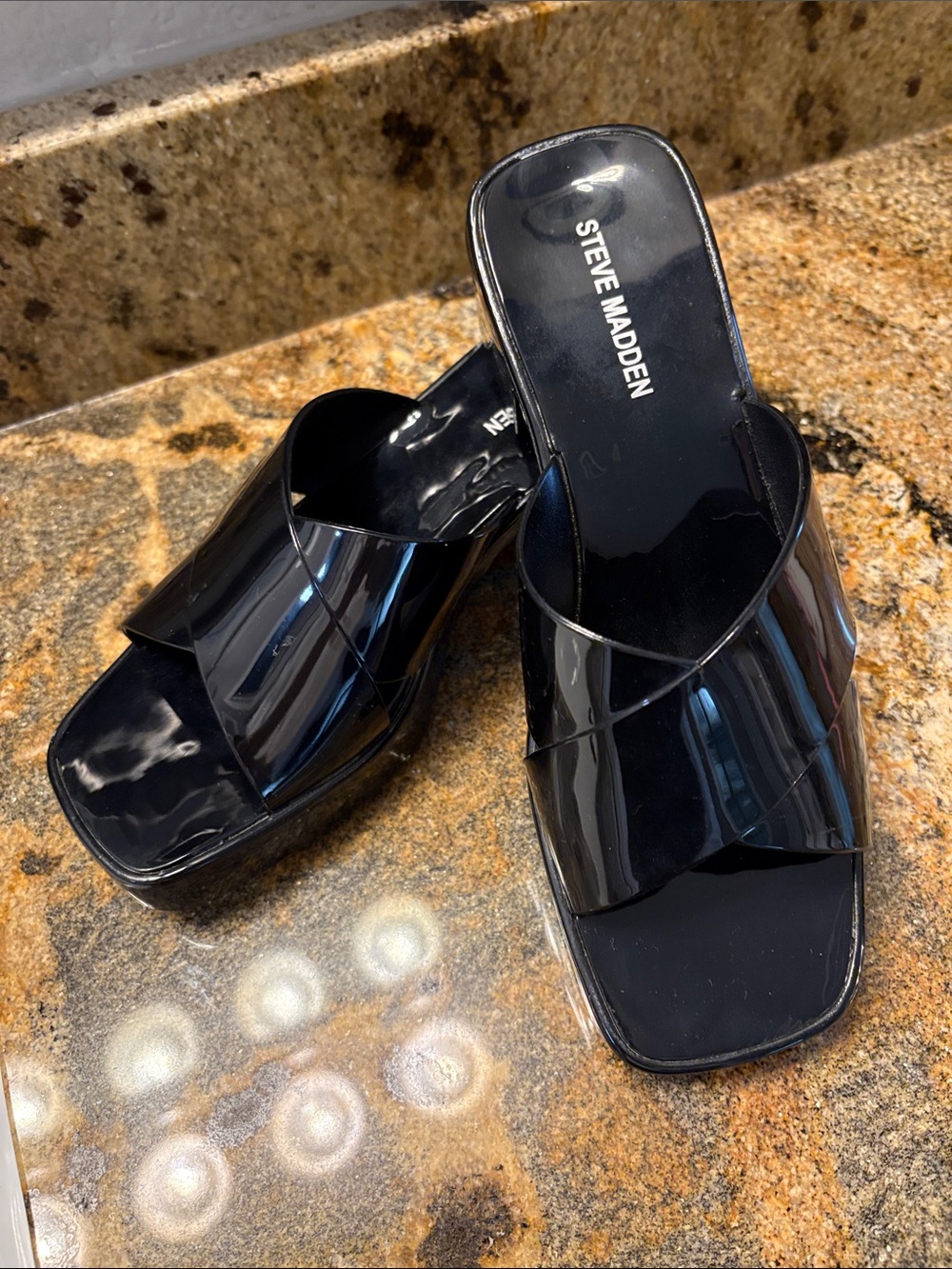 Steve Madden Black Patent Crossover Slide Mules